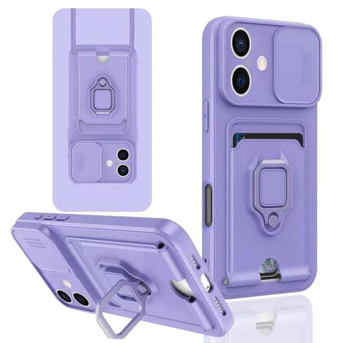 Funda de Silicona para iPhone 16 con Soporte para Tarjetas Magnético Deslizante Camshield (Morado Claro)