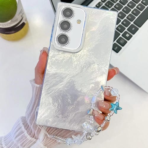 Carcasa TPU Samsung Galaxy A16 5G Textura Brillante con Cadena y Película para Lente (Blanco)