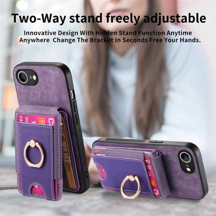 Funda de Cuero para iPhone 16E con Soporte Magnético Divisible y Estilo Retro (Morado)