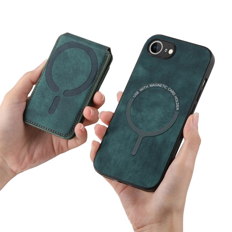 Funda de Cuero para iPhone 16E con Soporte Magnético Divisible y Estilo Retro (Verde)
