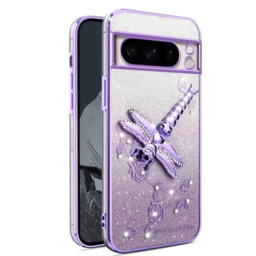 Estuche para Google Pixel 8 Pro con Soporte Libélula 3D y Purpurina Degradada (Morado)