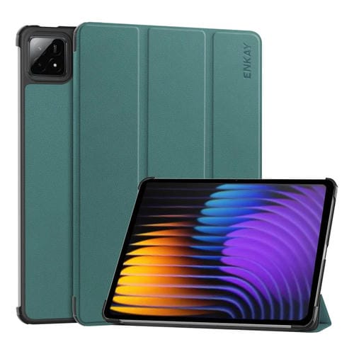 Funda de Cuero con Textura Custer de Tres Pliegues Enkay para Tableta Inteligente Xiaomi Pad 7 / 7 Pro 11.2 (Verde Oscuro)