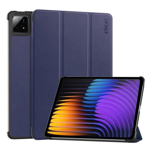 Funda de Cuero con Textura Custer de Tres Pliegues Enkay para Tableta Inteligente Xiaomi Pad 7 / 7 Pro 11.2 (Azul Oscuro)