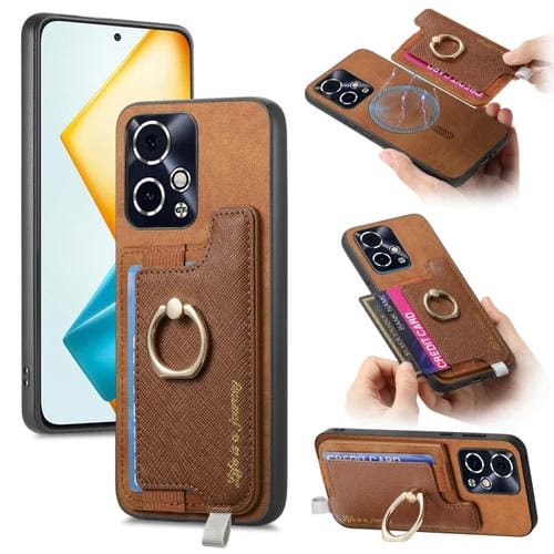 Funda para Teléfono con Tarjetero y Anillo de Cuero Retro Magsafe Cross para Honor 90 GT 5G (Marrón)