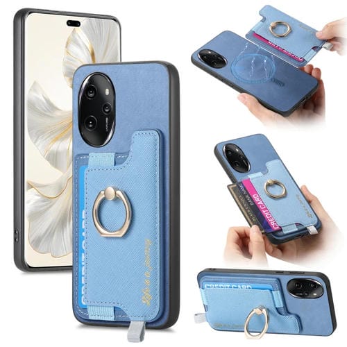 Funda para Teléfono Honor 100 Pro con Tarjetero y Anillo de Cuero Magsafe Cross (Azul)
