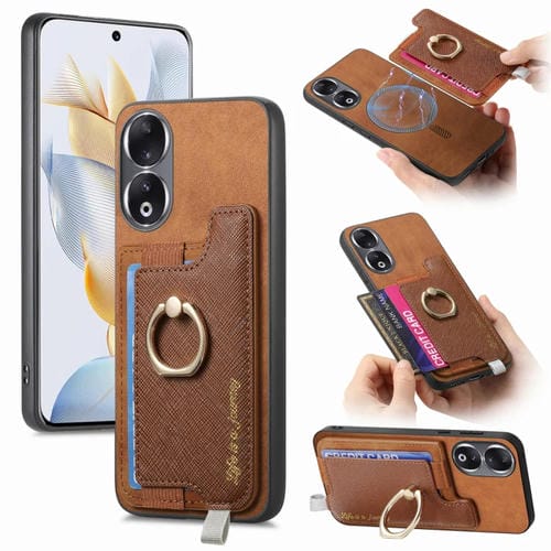 Funda para Teléfono Honor 90 Pro 5G con Tarjetero y Anillo de Cuero Retro Magsafe (Marrón)