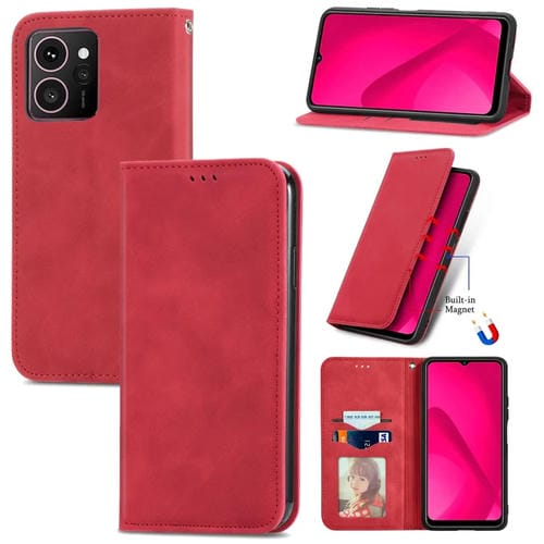 Funda de Cuero con Tapa Magnética para Teléfono HMD Skyline Retro Skin Feel (Rojo)