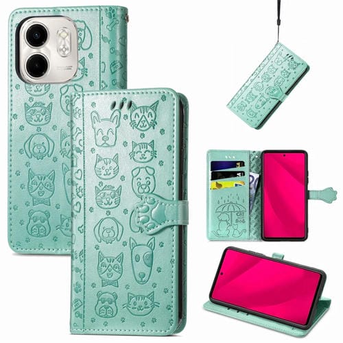 Funda de Piel con Relieve de Gato y Perro para Infinix Smart 9 (Verde)