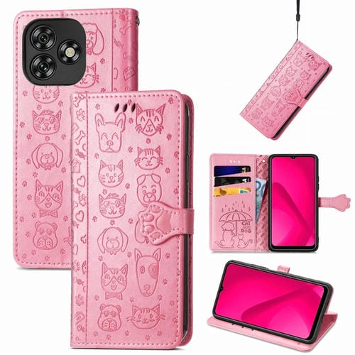 Funda de Piel con Relieve de Gato y Perro para Oukitel C53 (Rosa)