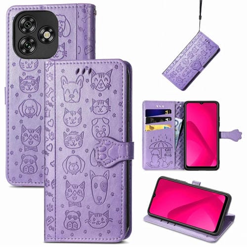 Funda de Piel con Relieve de Gato y Perro para Oukitel C53 (Morado)