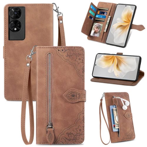 Funda de Cuero para TCL 50 5G con Cremallera y Diseño de Flores en Relieve (Marrón)