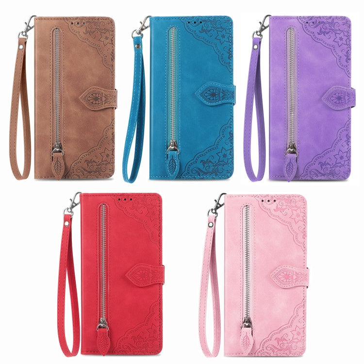Funda de Cuero con Cremallera Nxtpaper para TCL 50 Pro (Marrón) con Diseño de Flores en Relieve