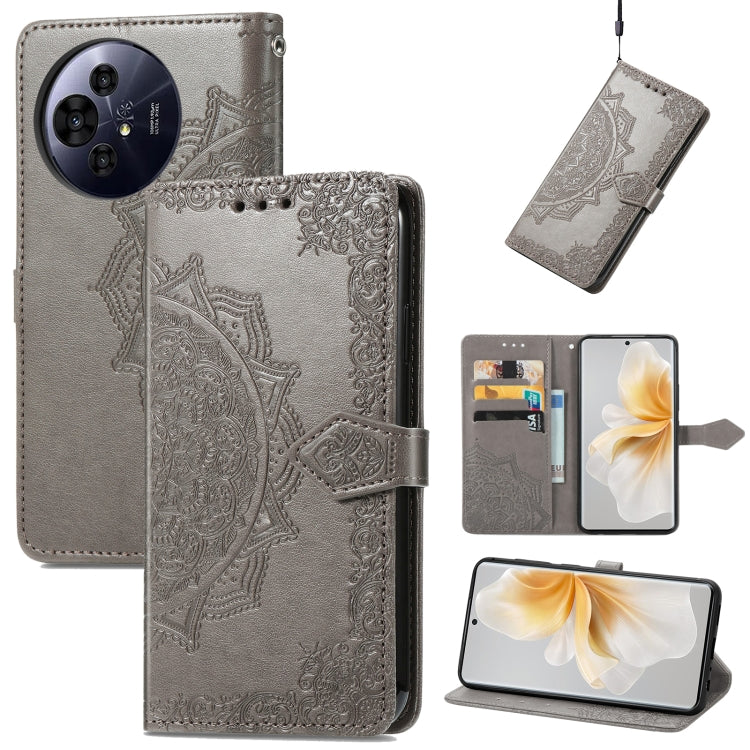Funda de Cuero Mandala para TCL 50 Pro Nxtpaper con Relieve Flores (Gris)
