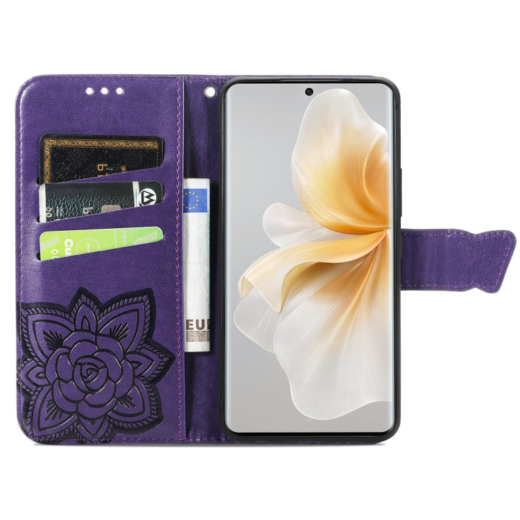 Funda de Cuero con Relieve de Mariposa y Flor para TCL 50 5G (Morado)