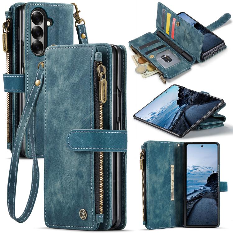 Funda de cuero con cremallera y ranuras para tarjetas para Samsung Galaxy Z Fold7 CaseMe C30 (azul)