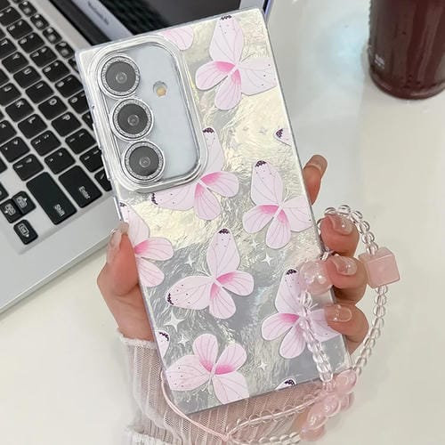 Funda de Teléfono TPU Samsung Galaxy A25 5G con Pulsera de Mariposa y Película de Lente (Mariposas Rosas)