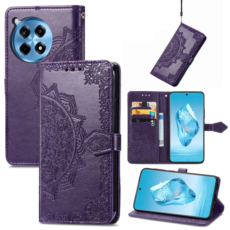 Funda de Cuero con Relieve Flor de Mandala para OnePlus Ace 3 Pro (Morado)