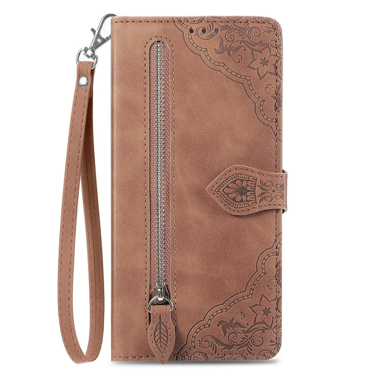 Funda de Cuero para OnePlus Ace 3 Pro con Cremallera y Diseño de Flores en Relieve (Marrón)