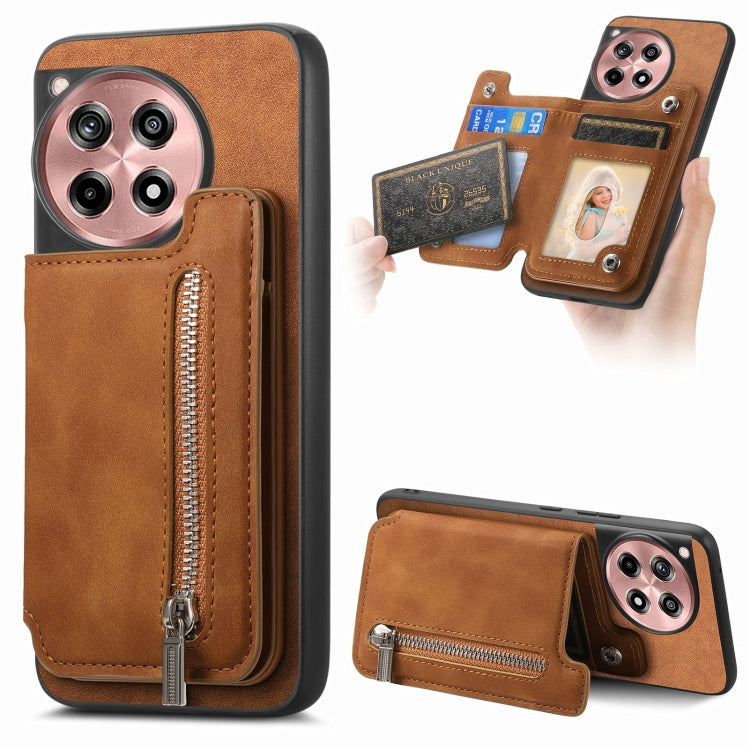 Funda para Teléfono OnePlus Ace 3 5G/12R 5G con Cremallera y Tarjetero Retro (Marrón)