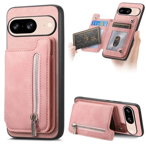 Funda para Teléfono Google Pixel 8 con Cremallera Magsafe, Tarjetero y Cartera (Rosa)