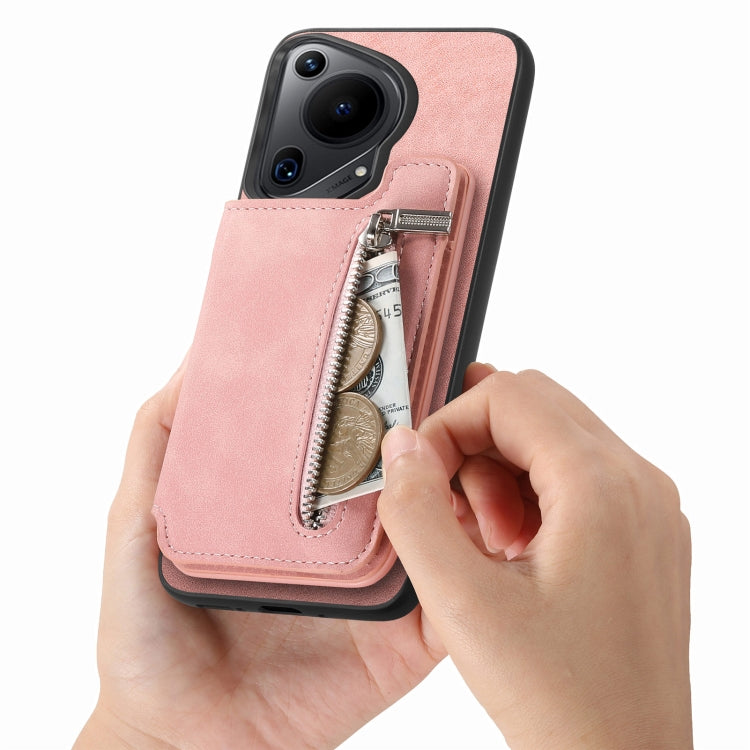 Funda para Teléfono Huawei Pura 70 Ultra Retro con Cremallera Magsafe y Tarjetero (Rosa)