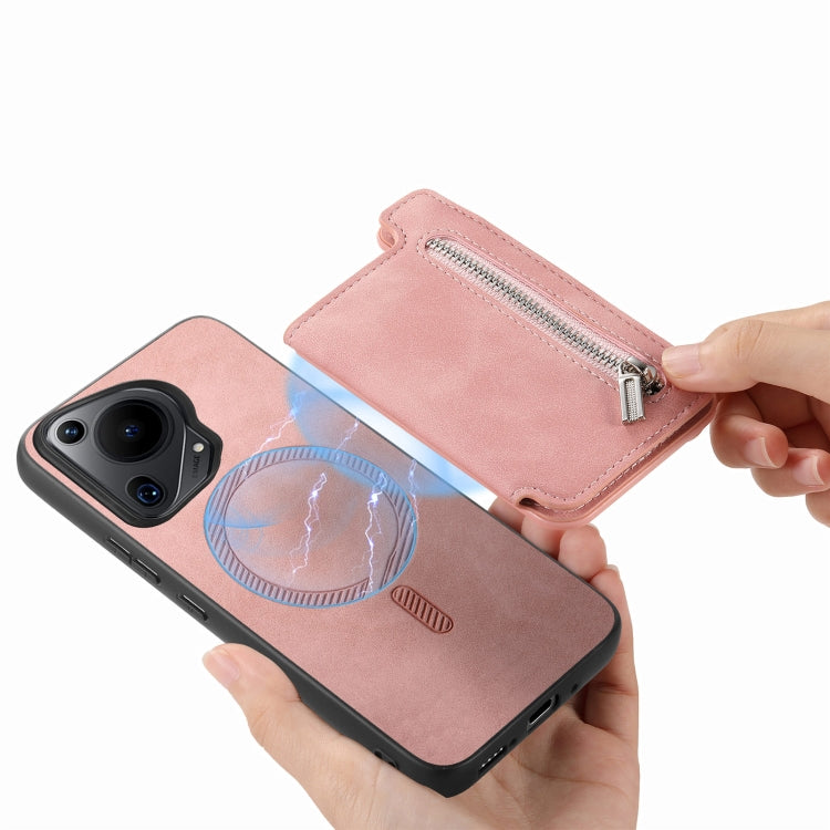 Funda para Teléfono Huawei Pura 70 Ultra Retro con Cremallera Magsafe y Tarjetero (Rosa)