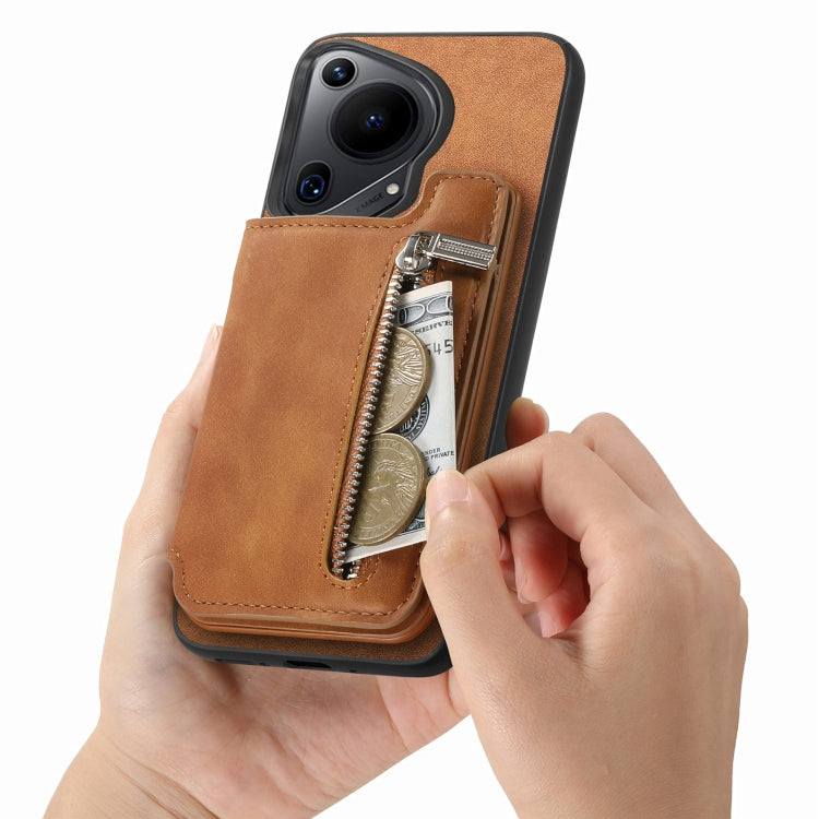 Funda para Teléfono Huawei Pura 70 Ultra Retro con Cremallera Magsafe y Tarjetero (Marrón)