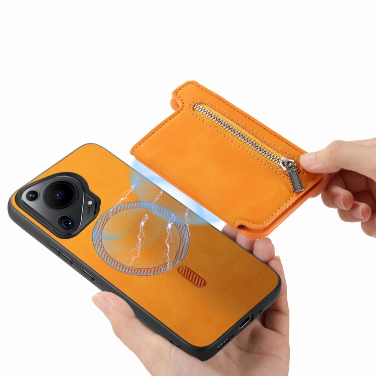 Funda para Teléfono Huawei Pura 70 Pro con Cremallera Magsafe Retro Tarjetero y Bolsillo (Amarillo)