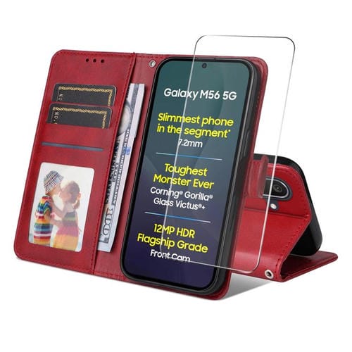 ENKAY - Funda de piel de becerro con textura de becerro y protector de pantalla para Samsung Galaxy M56 (roja)