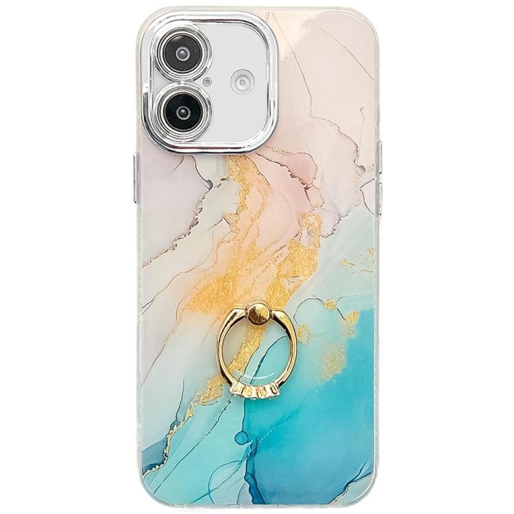 Funda para Teléfono iPhone 16 Soporte de Anillo Textura Mármol Galvanizado (Amarillo Verde S13)