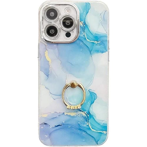 Funda para Teléfono iPhone 15 Pro Soporte de Anillo Textura Mármol Galvanizado (Azul Verde S9)