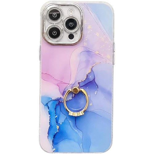 Funda para Teléfono iPhone 15 Pro Soporte de Anillo Textura Mármol Galvanizado (Púrpura, Azul)