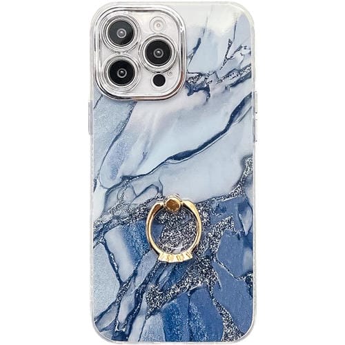 Funda para teléfono iPhone 14 Pro Max con soporte de anillo y textura de mármol galvanizado (Azul Marino)