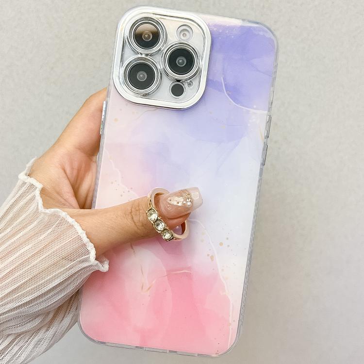 Funda para Teléfono Apple iPhone 14 Pro con Soporte de Anillo y Textura Mármol Galvanizado (Púrpura Rosa)