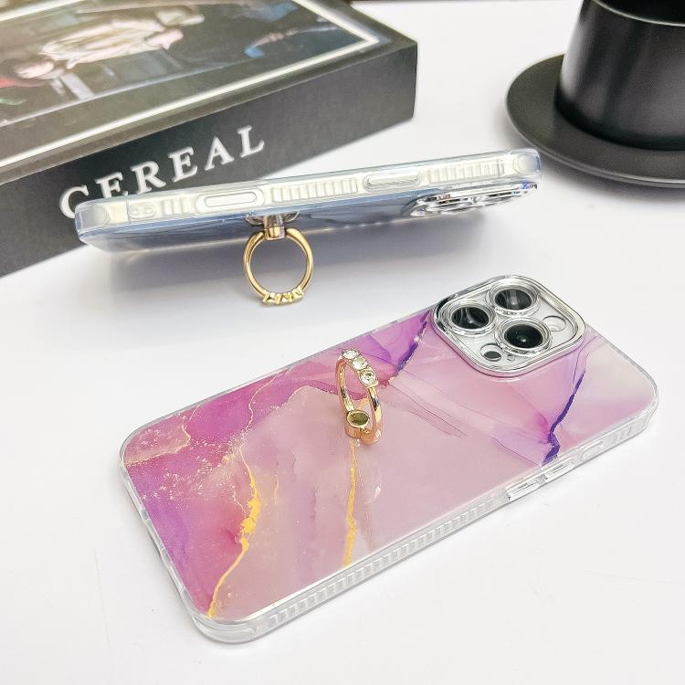 Funda para Teléfono iPhone 14 Soporte de Anillo Textura Mármol Galvanizado (Dorado y Blanco)