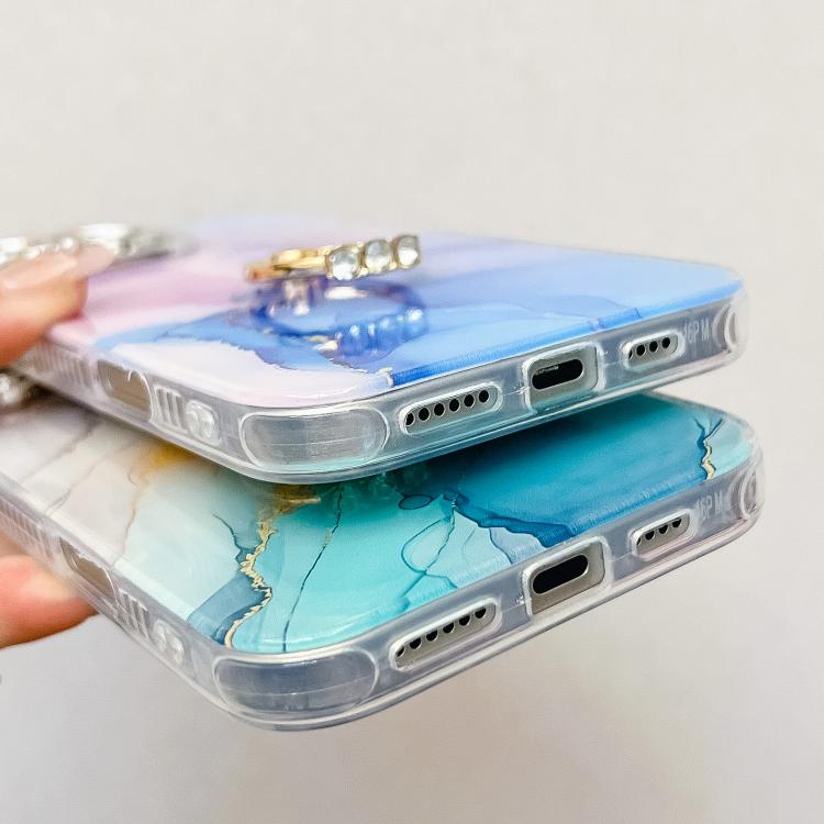Funda para Teléfono iPhone 14 Soporte de Anillo Textura Mármol Galvanizado (Dorado y Blanco)