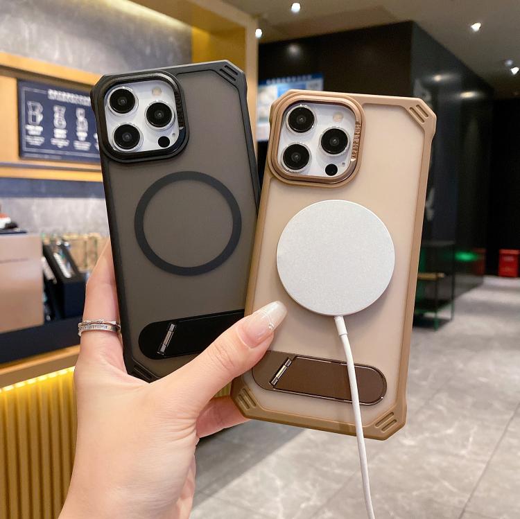 Funda para teléfono PC Magsafe sin marco con tacto de piel y soporte plegable para iPhone 15 Pro Max (Gris)