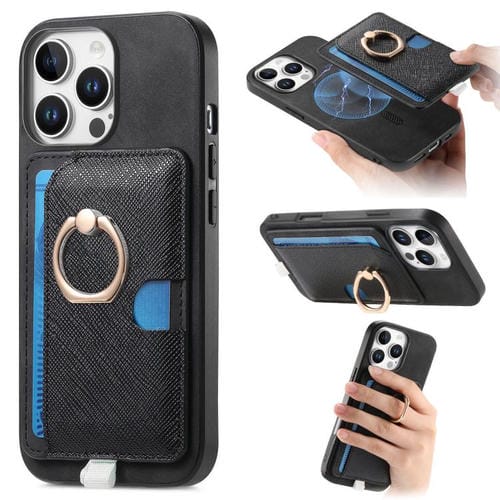 Funda para iPhone 15 Pro Cuero con Ranuras para Tarjetas y Anillo Retro Cruzado (Negro)