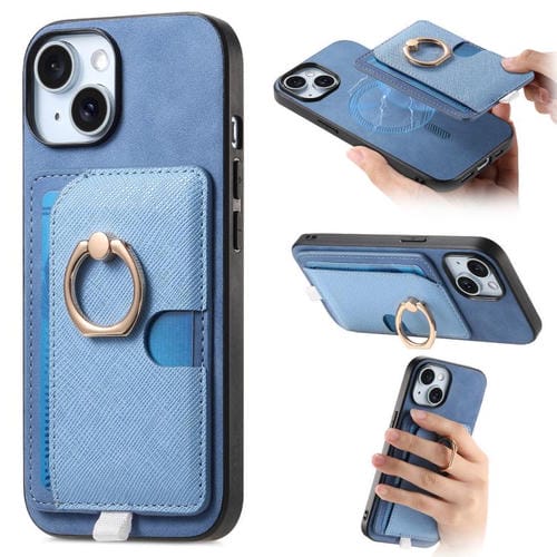 Funda para iPhone 15 Plus con Ranuras para Tarjetas Diseño Retro Cruz Cuero Anillo Lateral (Azul)