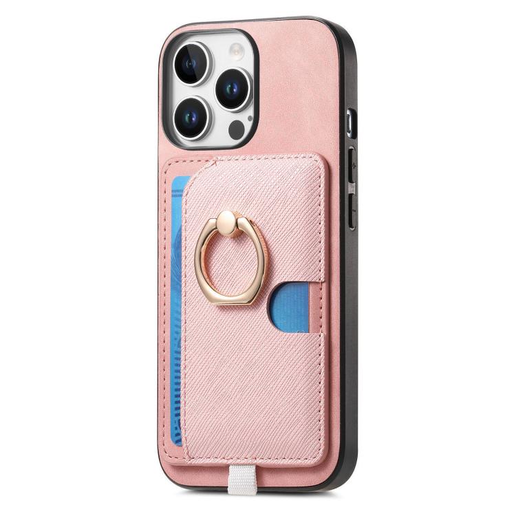 Funda para Teléfono Magsafe iPhone 14 Ranuras Tarjetas Anillo Lateral Cuero Cruz Retro (Rosa)