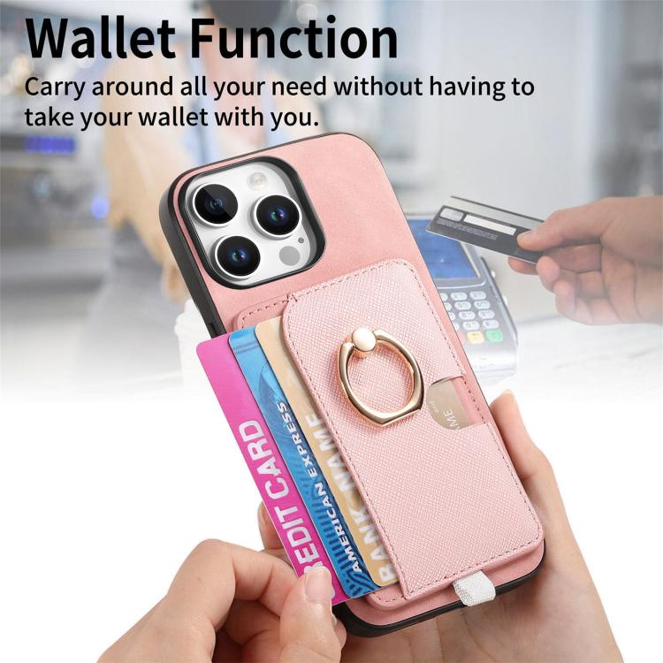 Funda para Teléfono Magsafe iPhone 14 Ranuras Tarjetas Anillo Lateral Cuero Cruz Retro (Rosa)