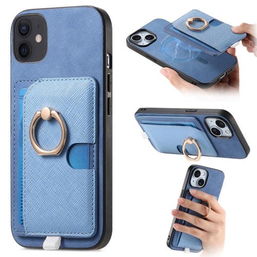 Funda para iPhone 13 con Ranuras para Tarjetas y Anillo de Cuero Diseño Retro Cruzado (Azul)