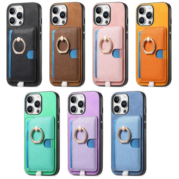 Funda para iPhone 11 Pro Max con Ranuras para Tarjetas Diseño Retro Cruz y Anillo Lateral (Rosa)
