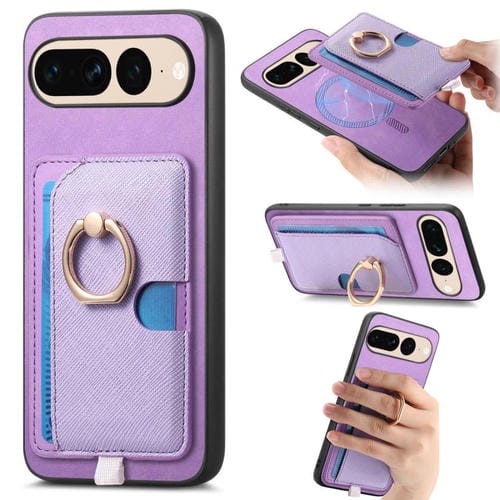 Funda para Teléfono Google Pixel 7 Pro con Ranuras para Tarjetas y Anillo de Cuero (Morado)