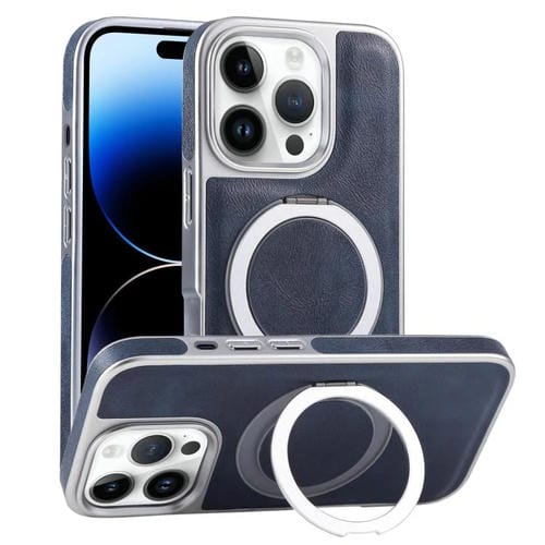 Funda para Teléfono iPhone 14 Pro Max con Soporte Magsafe Giratorio de Cuero Granulado (Azul)