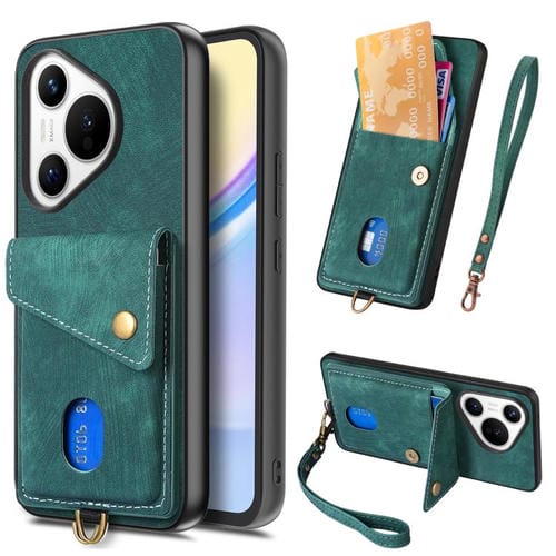 Funda de cuero plegable con correa para Huawei Pura 70 Pro / 70 Pro+, estilo retro, tipo billetera (verde)