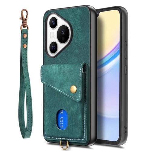 Funda plegable de cuero con correa para Huawei Pura 70 Ultra, estilo retro, tipo billetera (verde)