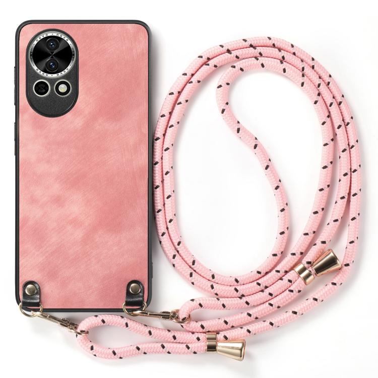 Funda de Cuero Vintage para Huawei Nova 13 Pro con Parte Trasera de Policarbonato y Correa Cruzada (Rosa)