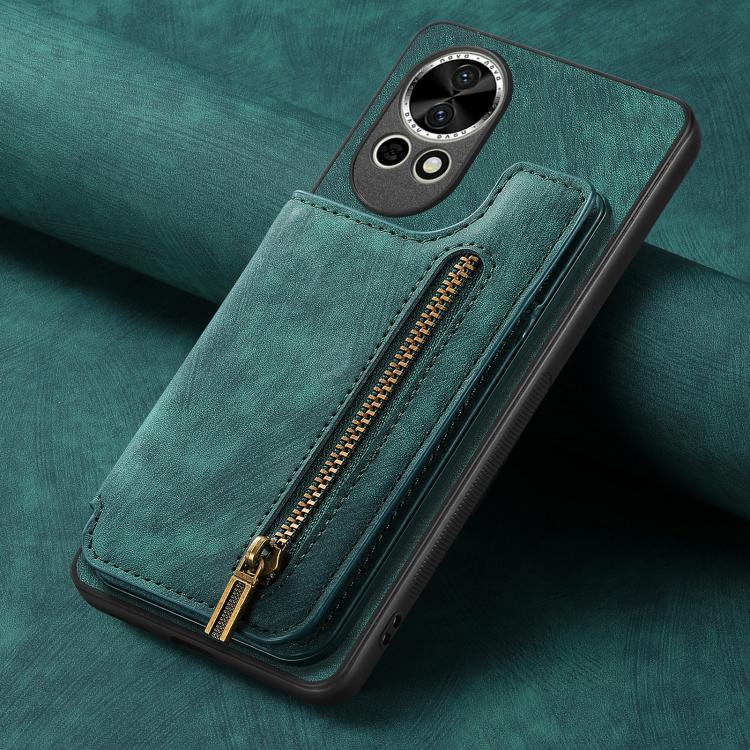 Funda de Cuero Retro con Cremallera para Huawei Nova 10 Se (Verde)