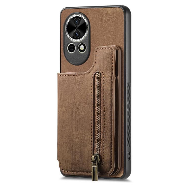 Funda de Cuero Retro con Cremallera para Huawei Nova 9 Se (Marrón)